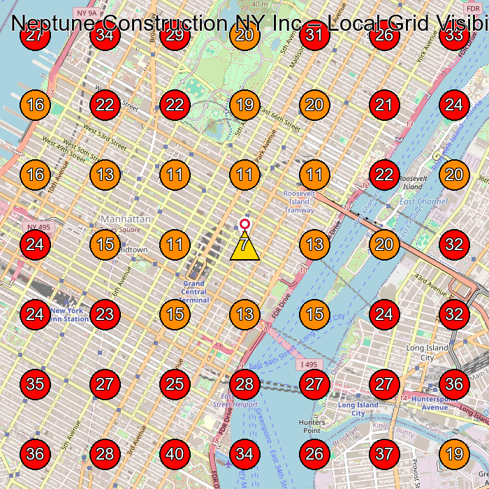 Neptune Construction NY Inc GeoGrid visibility map for Roofing Contractor in New York
